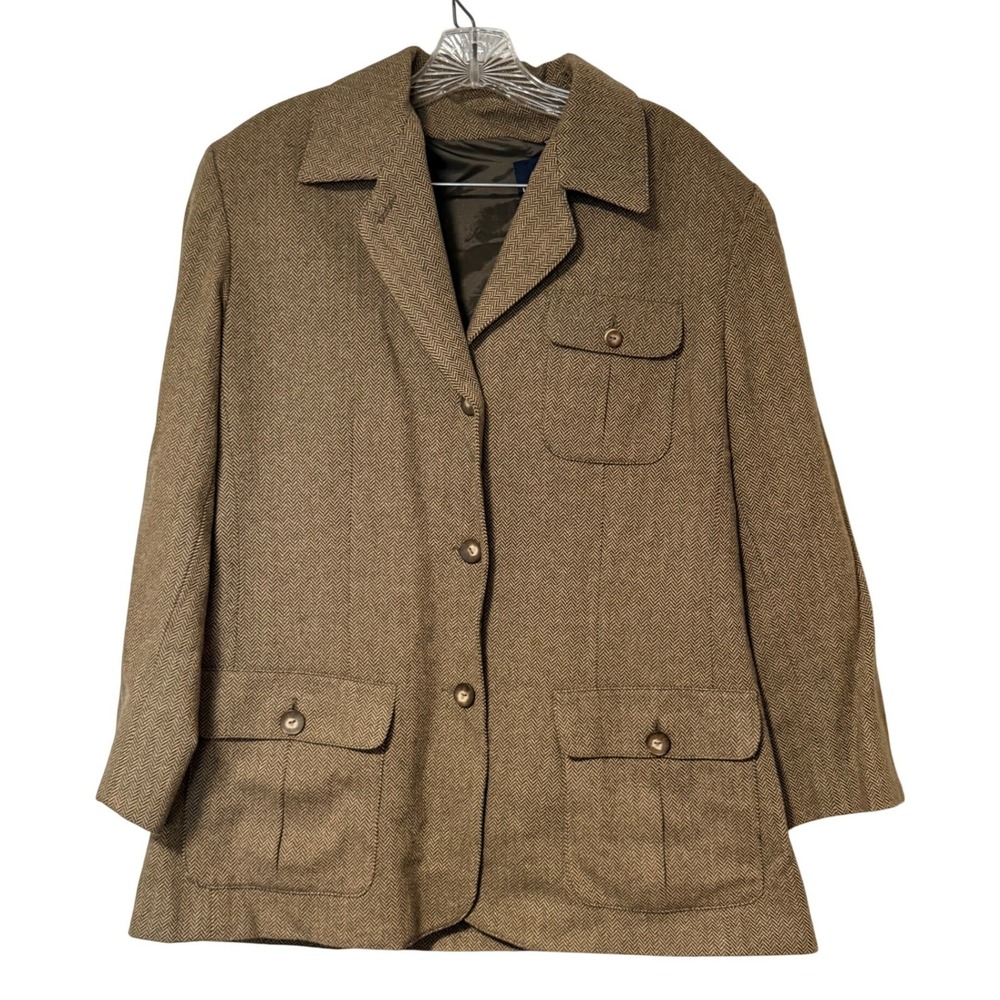 Lizsport Vintage 1990s Blazer Women 10 Brown Herringbone Wool blazer jacket